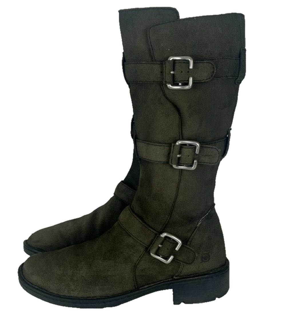 Born Boots Womens Size 8.5 Dark Green Leather Suede Triple Buckle Zip Block Heel